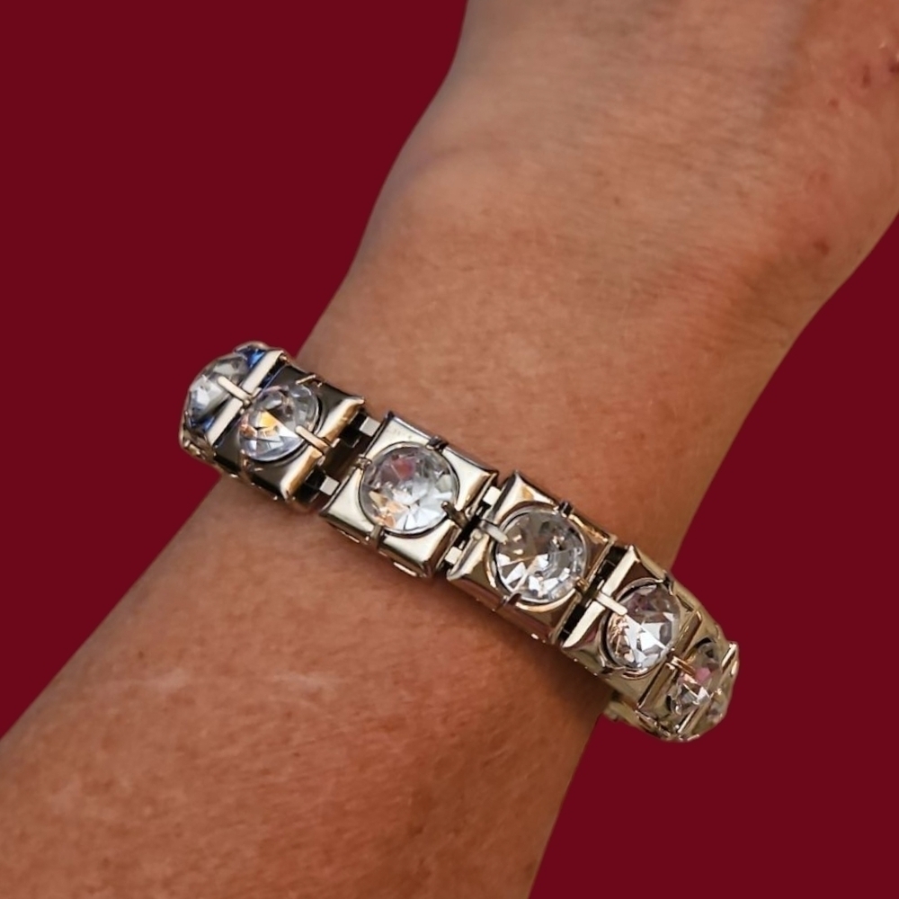 Vintage Silvertone Sliding Square Rhinestone Bangle Bracelet